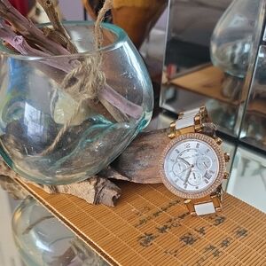 Michael Kors Rose Gold and White Ceramic Chronograph Watch with Crystal Bezel